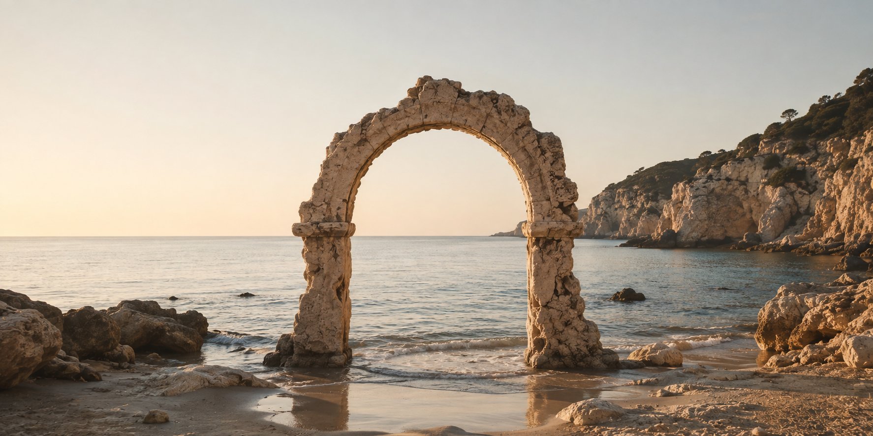 A stone archway meeting the sea